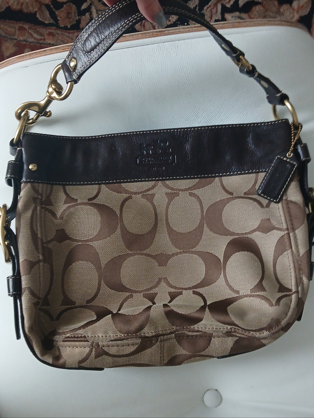 Coach Brown Signature Canvas Shoulder Bag with Dark Brown Leather Trim